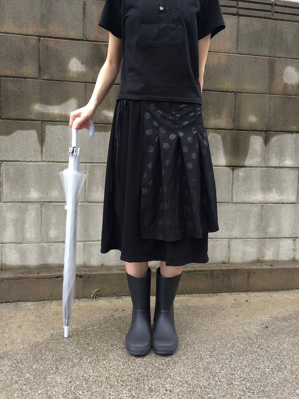 橡筋腰波點拼接中長裙