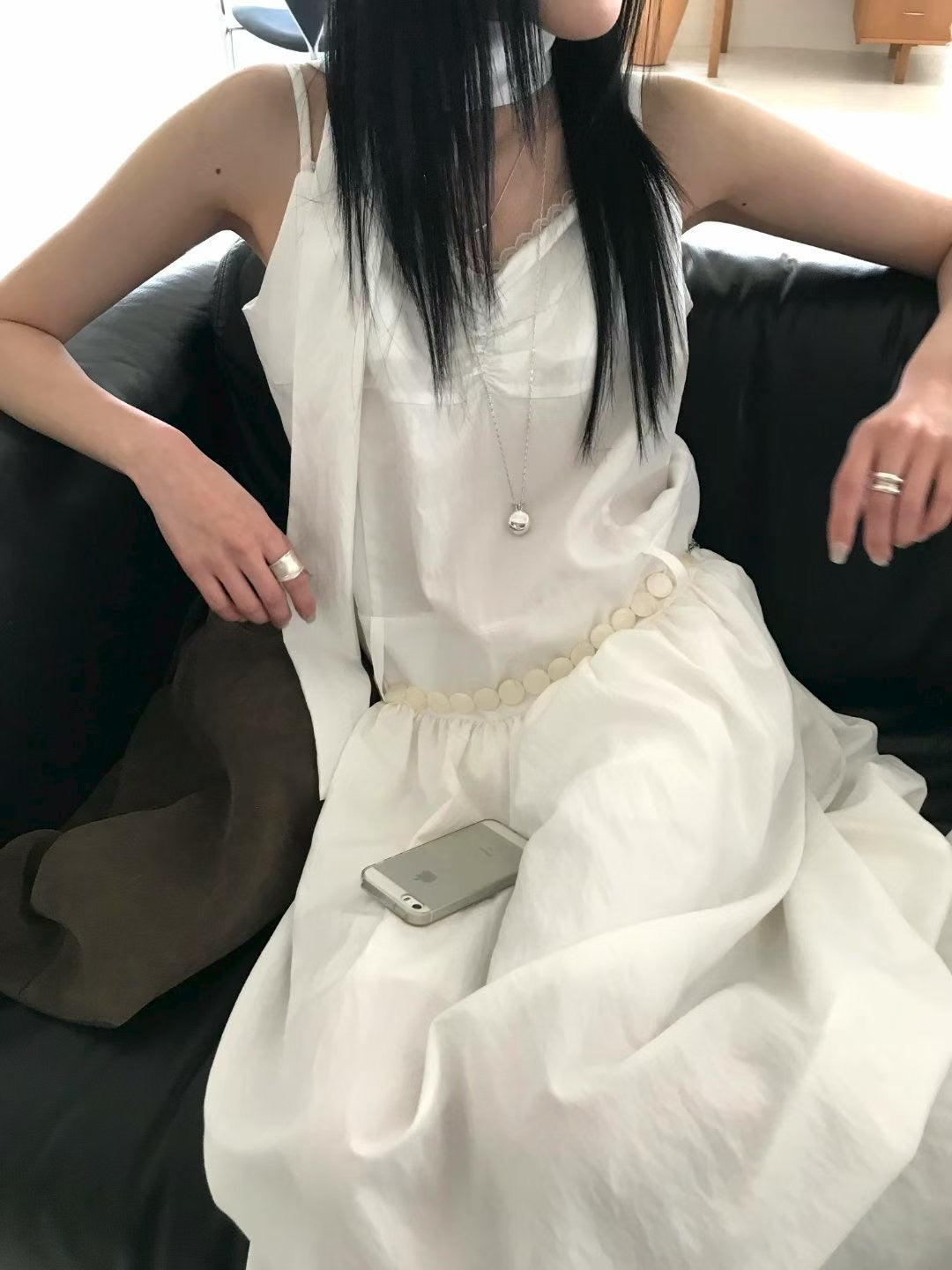 氣質蕾絲吊帶連身長裙(附圍巾)