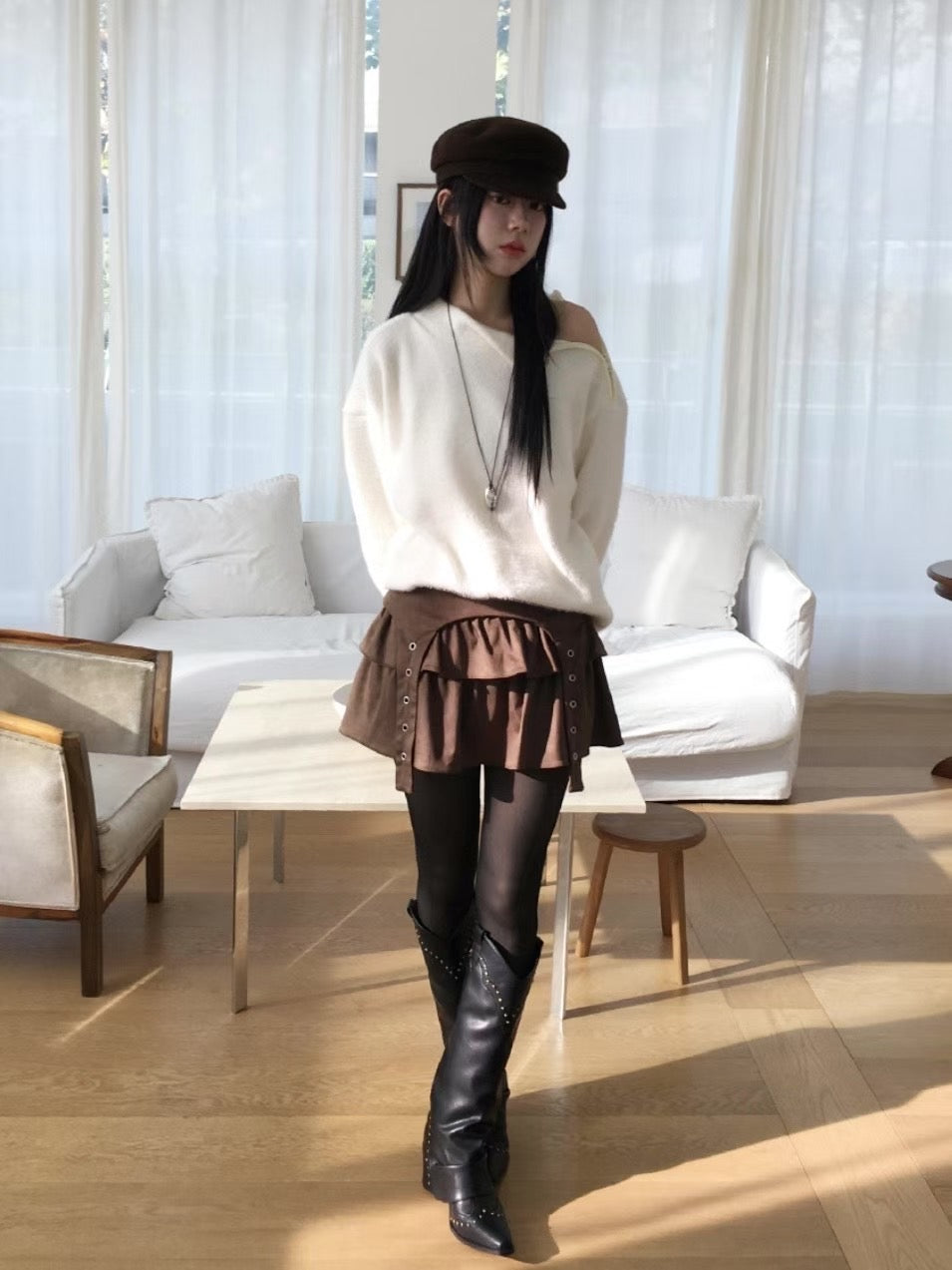 麂皮飄帶短裙