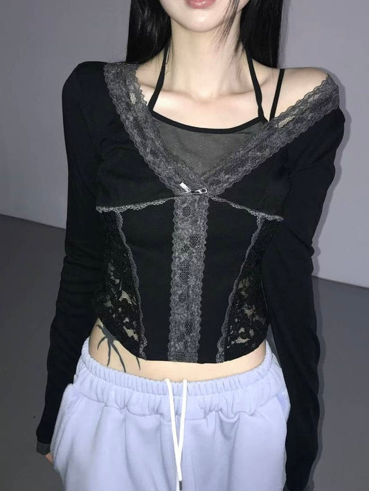 蕾絲拼接假兩件上衣