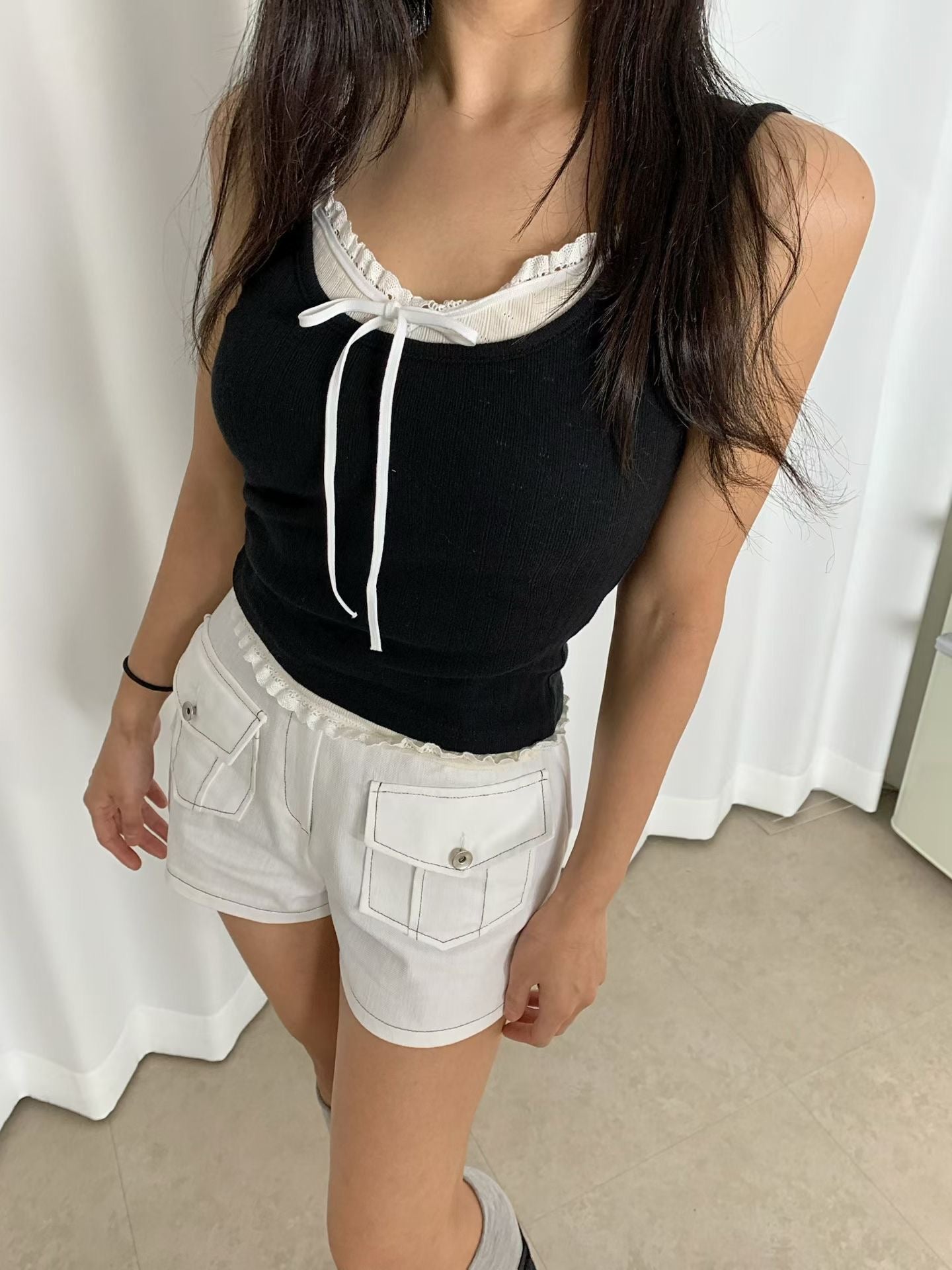 蕾絲邊撞色吊帶背心兩件套