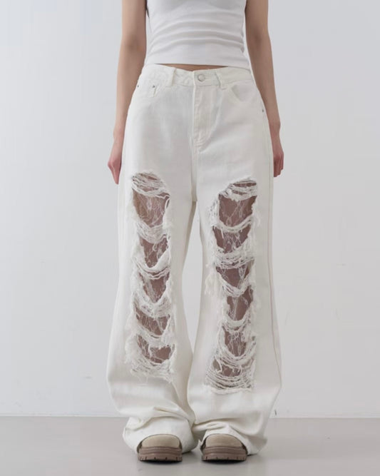 蕾絲内襯破爛感牛仔褲