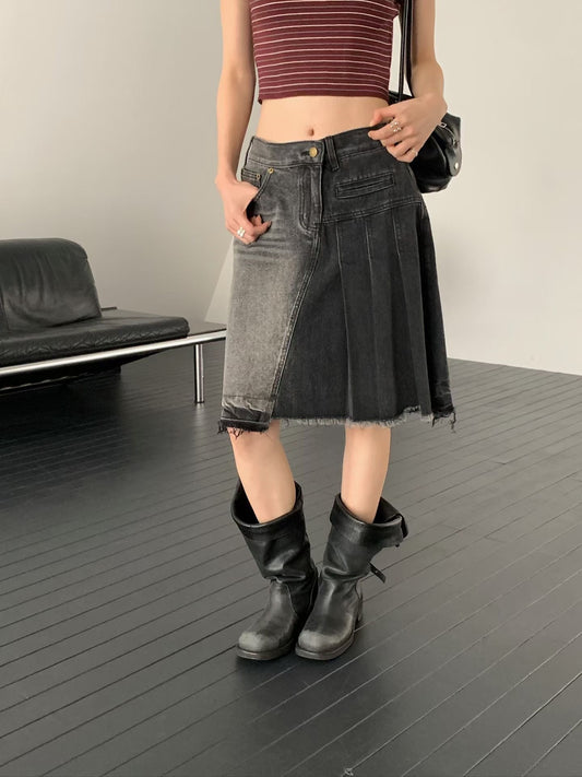 流蘇拼接百褶牛仔中長裙
