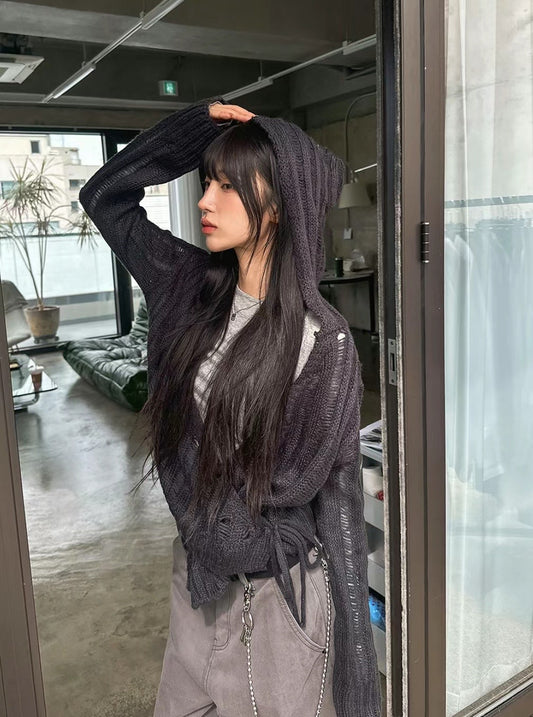 針織連帽綁帶外套