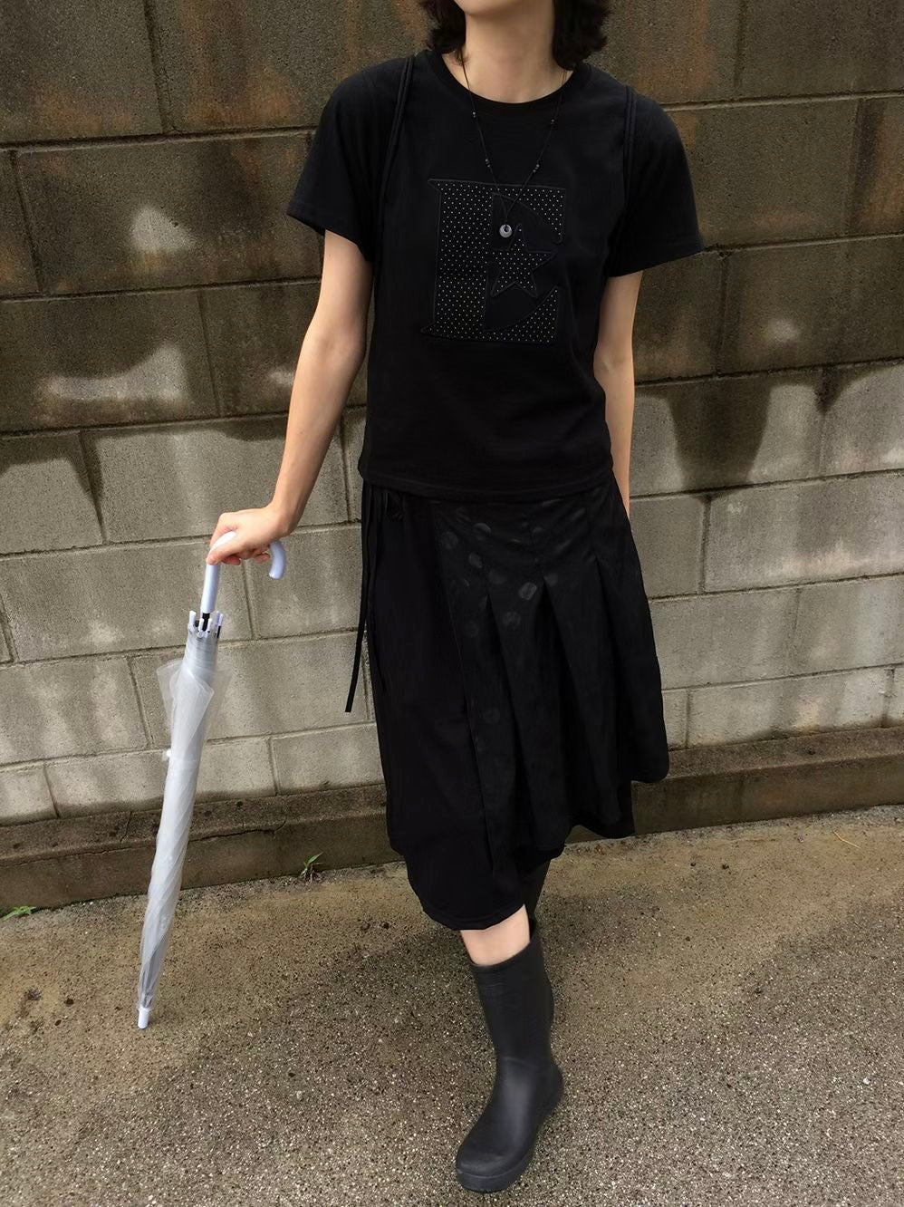 橡筋腰波點拼接中長裙