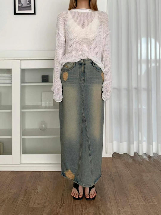 復古刷色破壞牛仔長裙