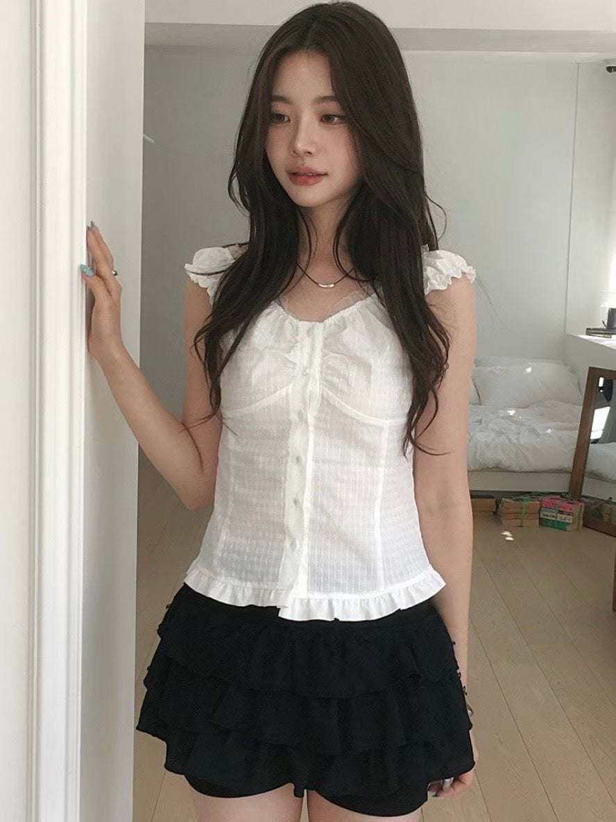 格紋蕾絲木耳邊小收腰上衣