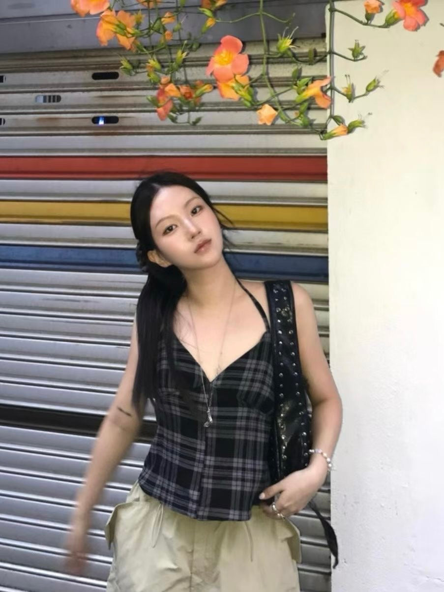 疊穿格紋掛頸背心配髮圈set