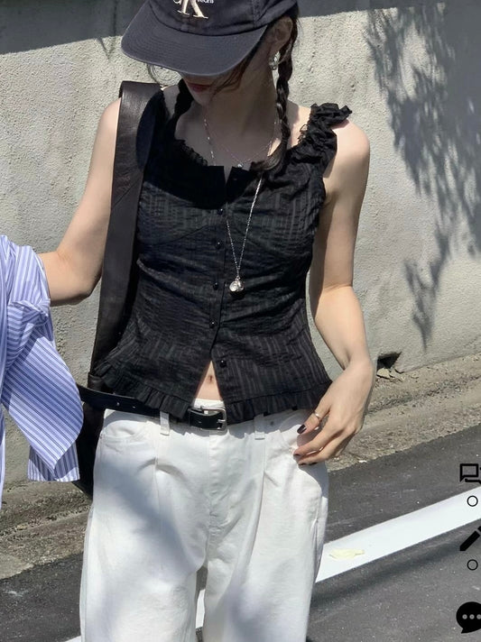 蕾絲木耳邊小收腰上衣