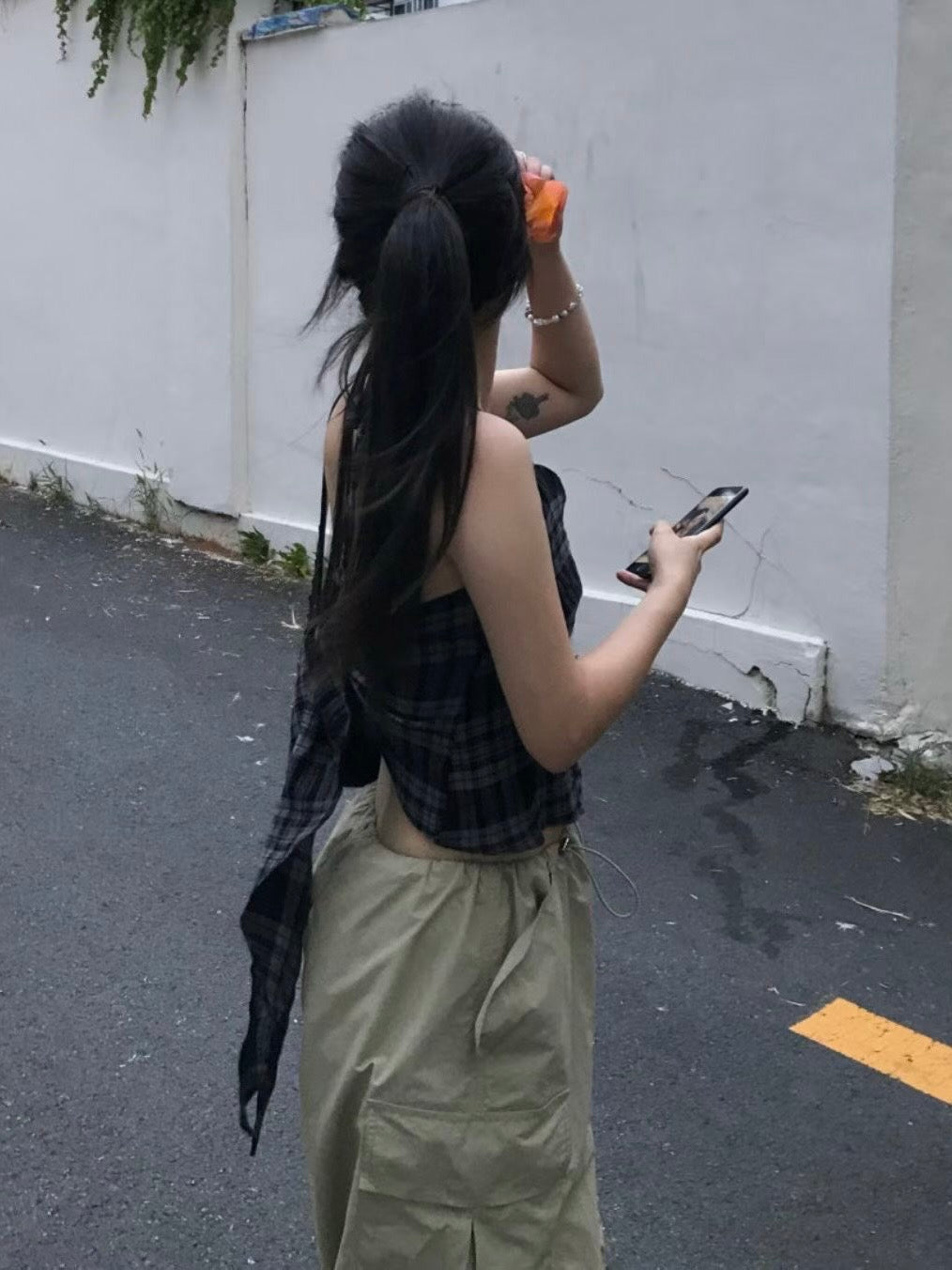 疊穿格紋掛頸背心配髮圈set