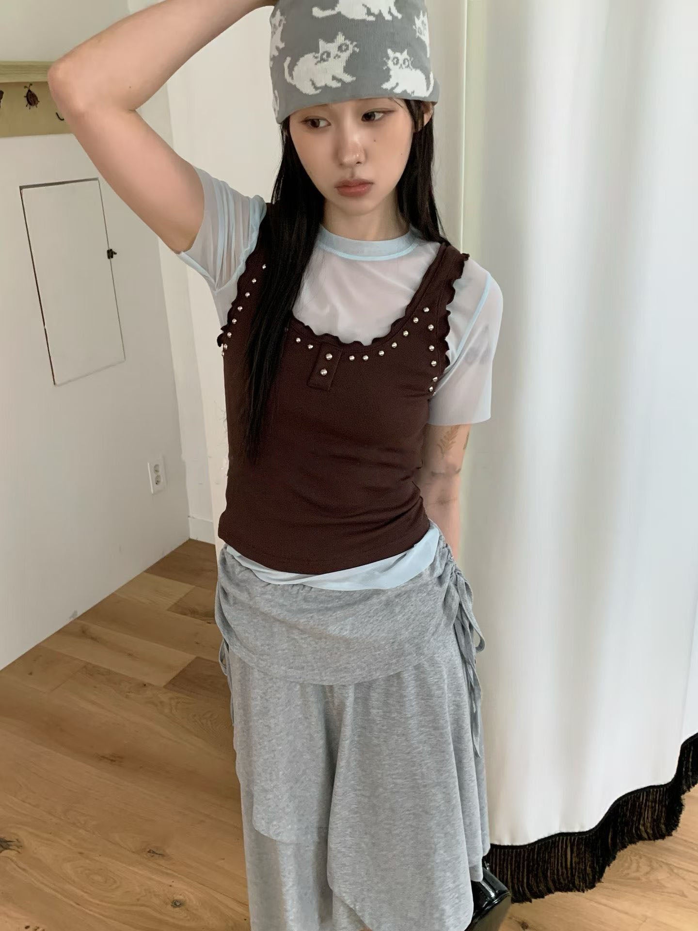 鉚釘背心加微透短袖set
