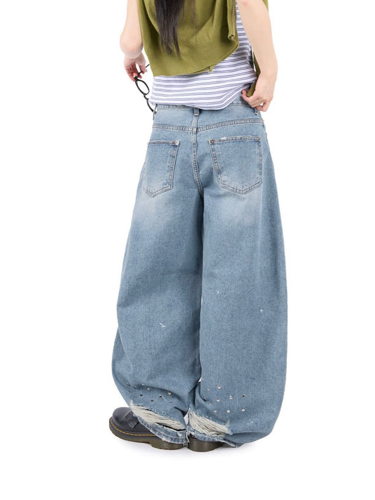 鉚釘復古輕量繭型牛仔褲