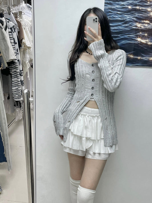 破洞針織開叉上衣