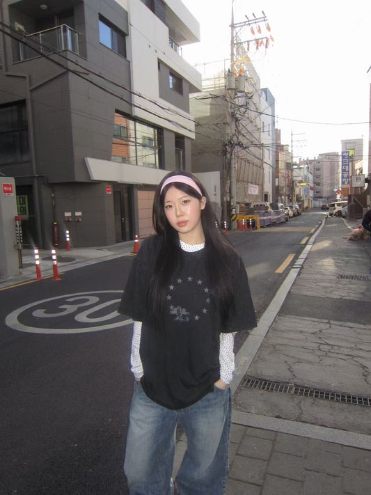 星星圖案印花做舊T 恤