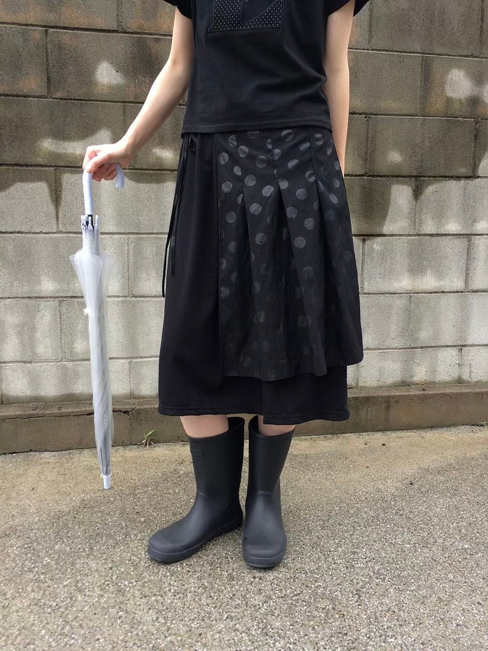 橡筋腰波點拼接中長裙