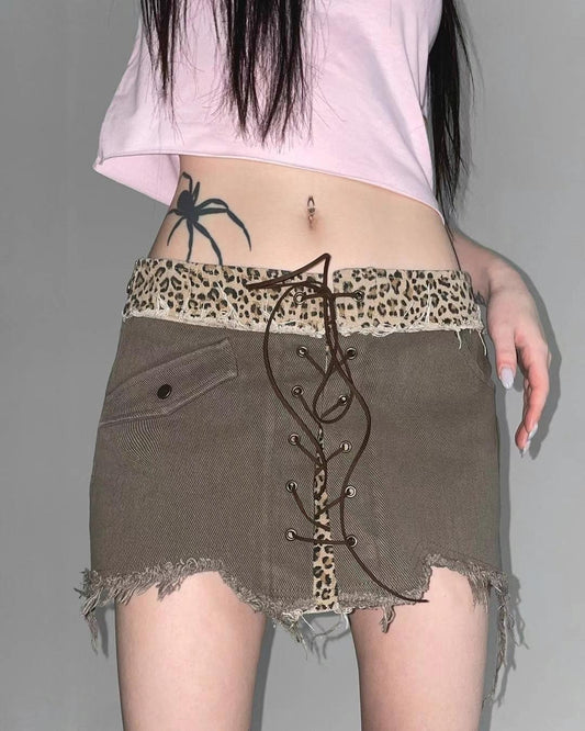 低腰豹紋牛仔拼接短裙