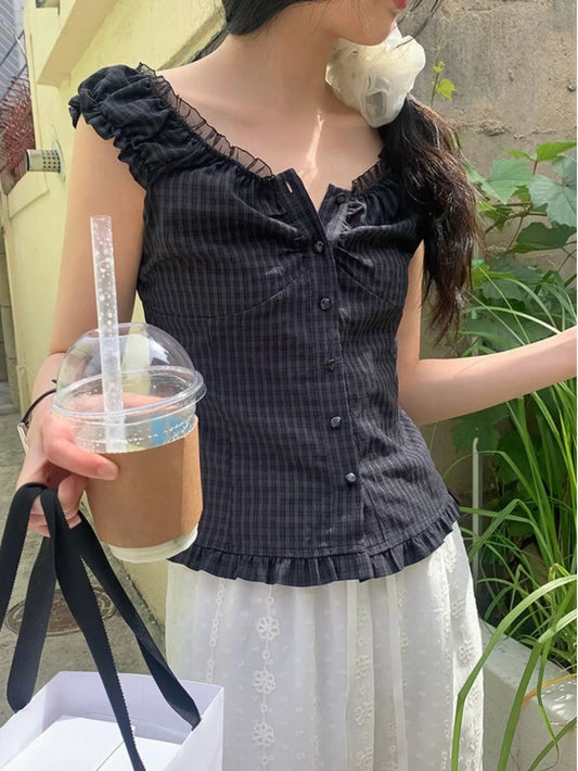 格紋蕾絲木耳邊小收腰上衣