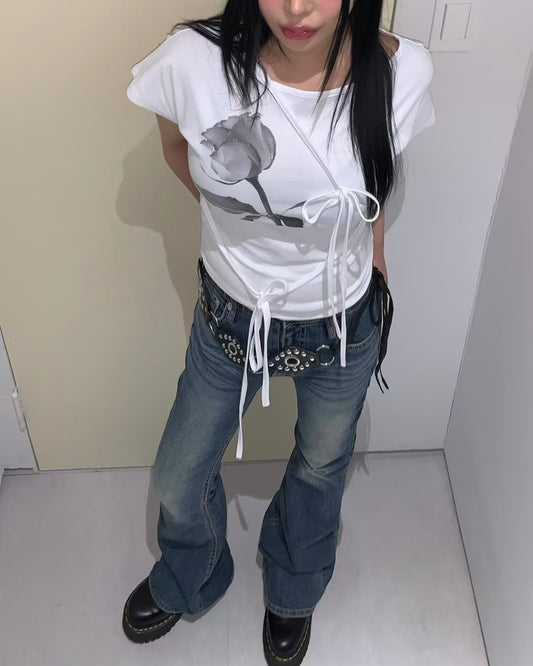 玫瑰花綁帶短袖