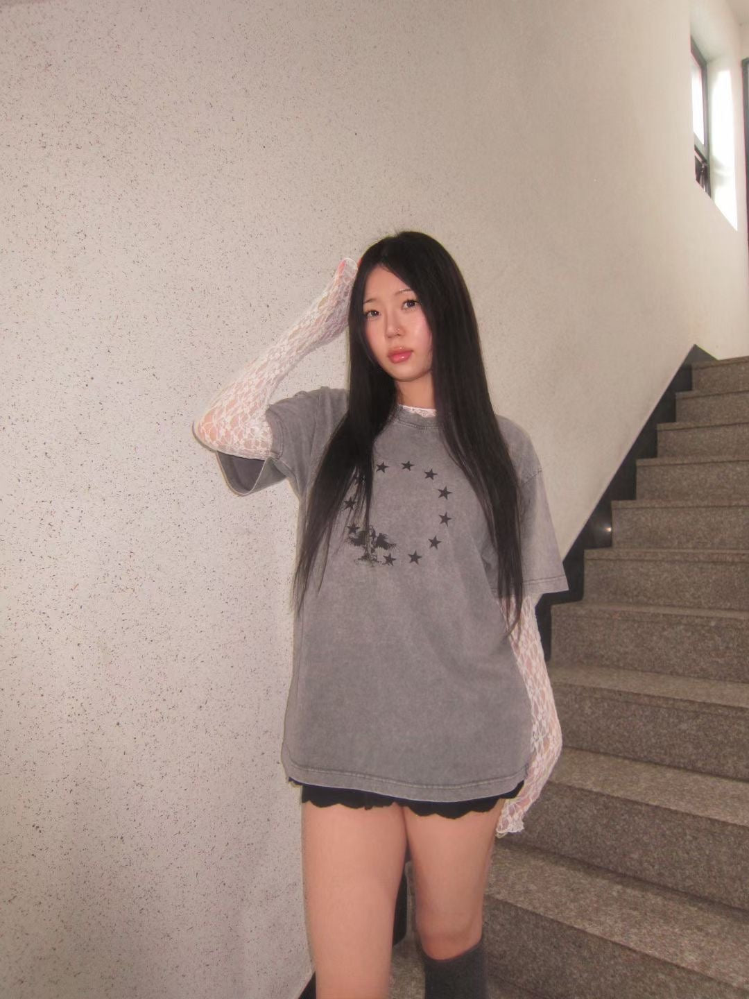 星星圖案印花做舊T 恤