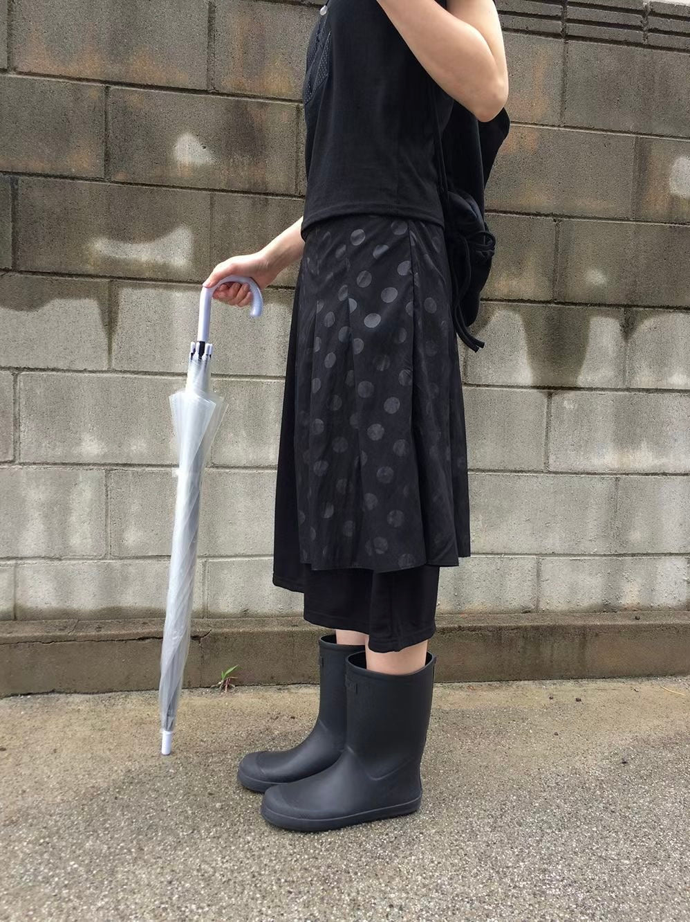 橡筋腰波點拼接中長裙