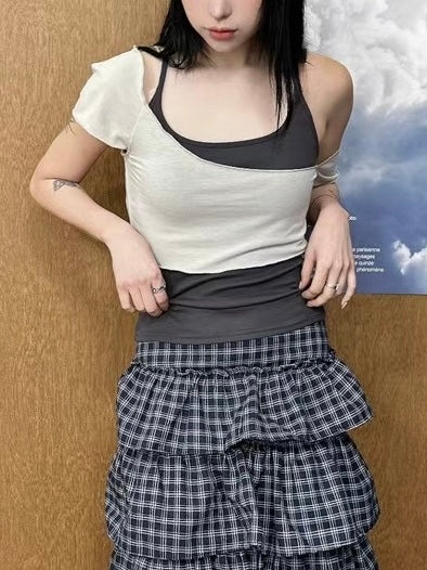 撞色露肩上衣兩件套￼