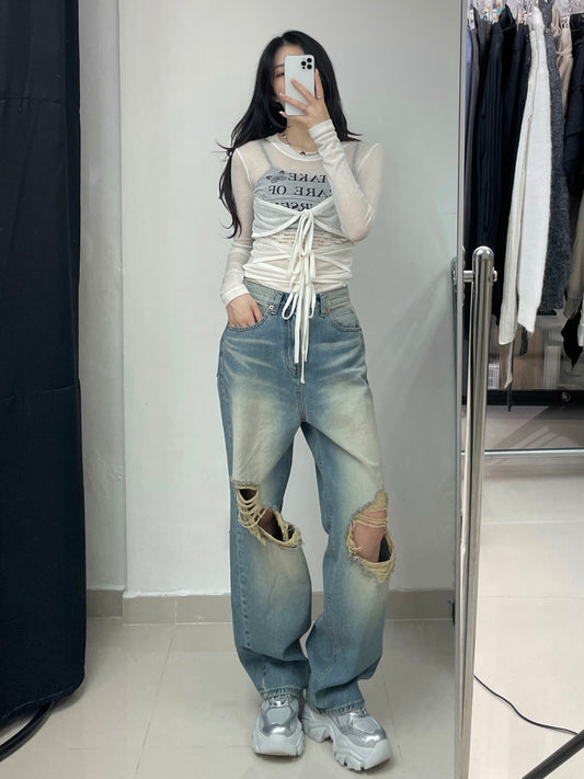 寬鬆洗水破洞牛仔褲