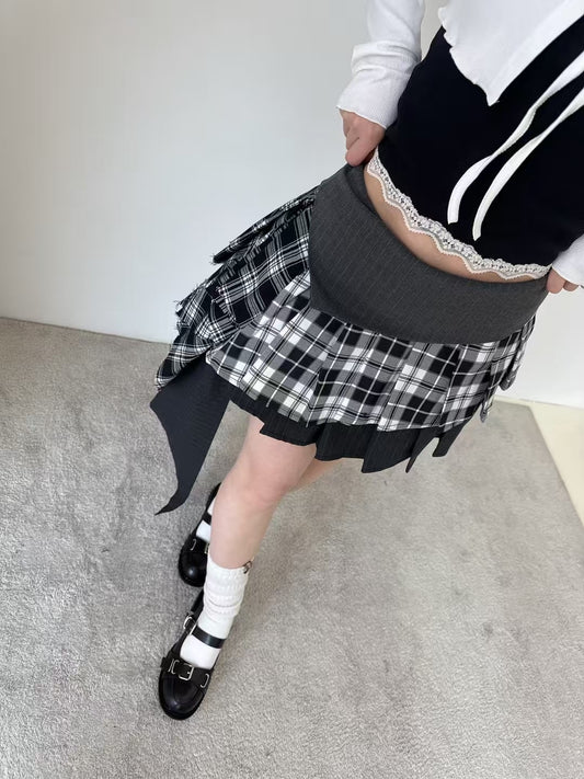 格紋拼接不規則剪裁百褶裙