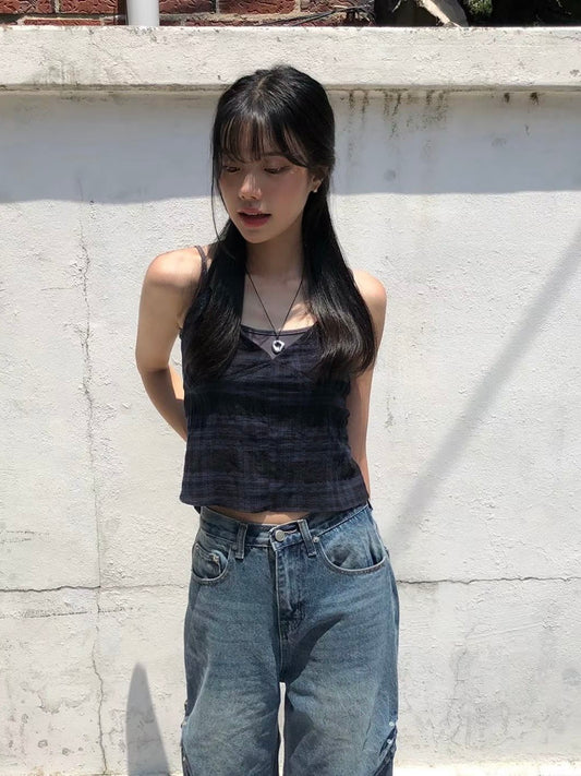 疊穿格紋掛頸背心配髮圈set