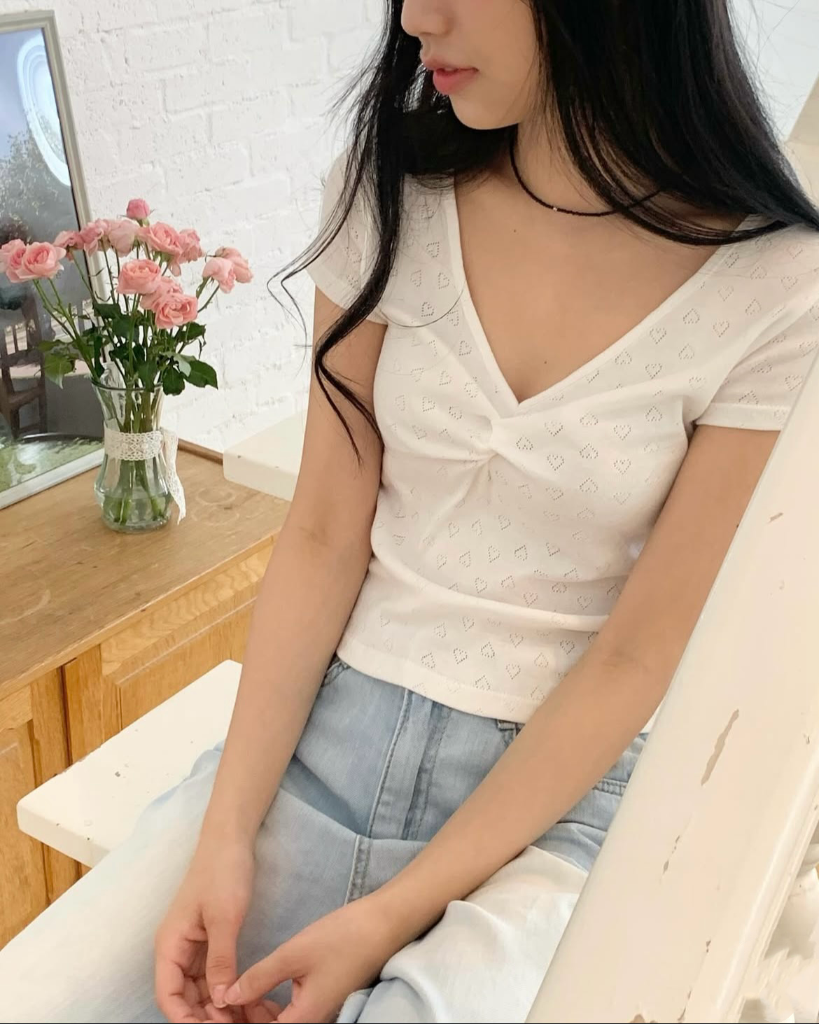 V領愛心花紋上衣