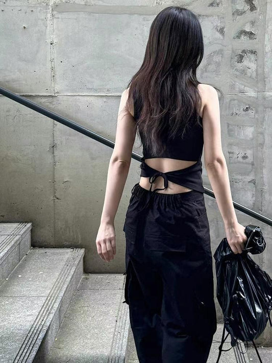 後背鏤空綁帶削肩背心￼