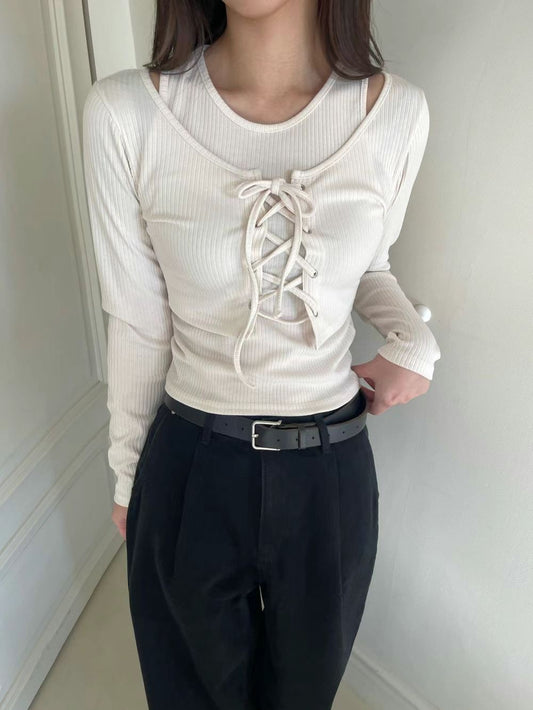 綁帶坑紋上衣set