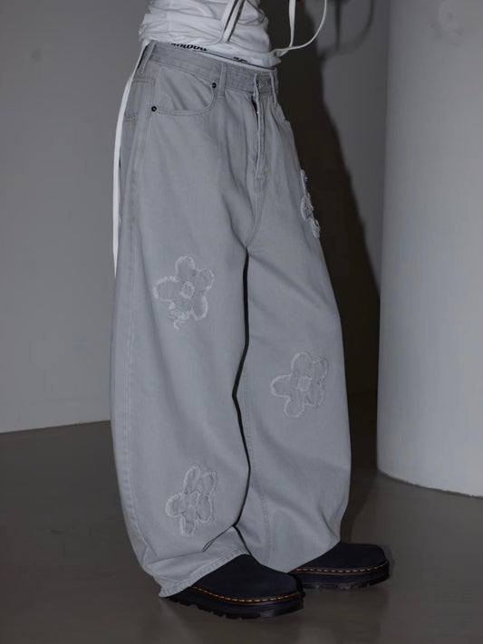 花朵拼貼牛仔簾刀褲