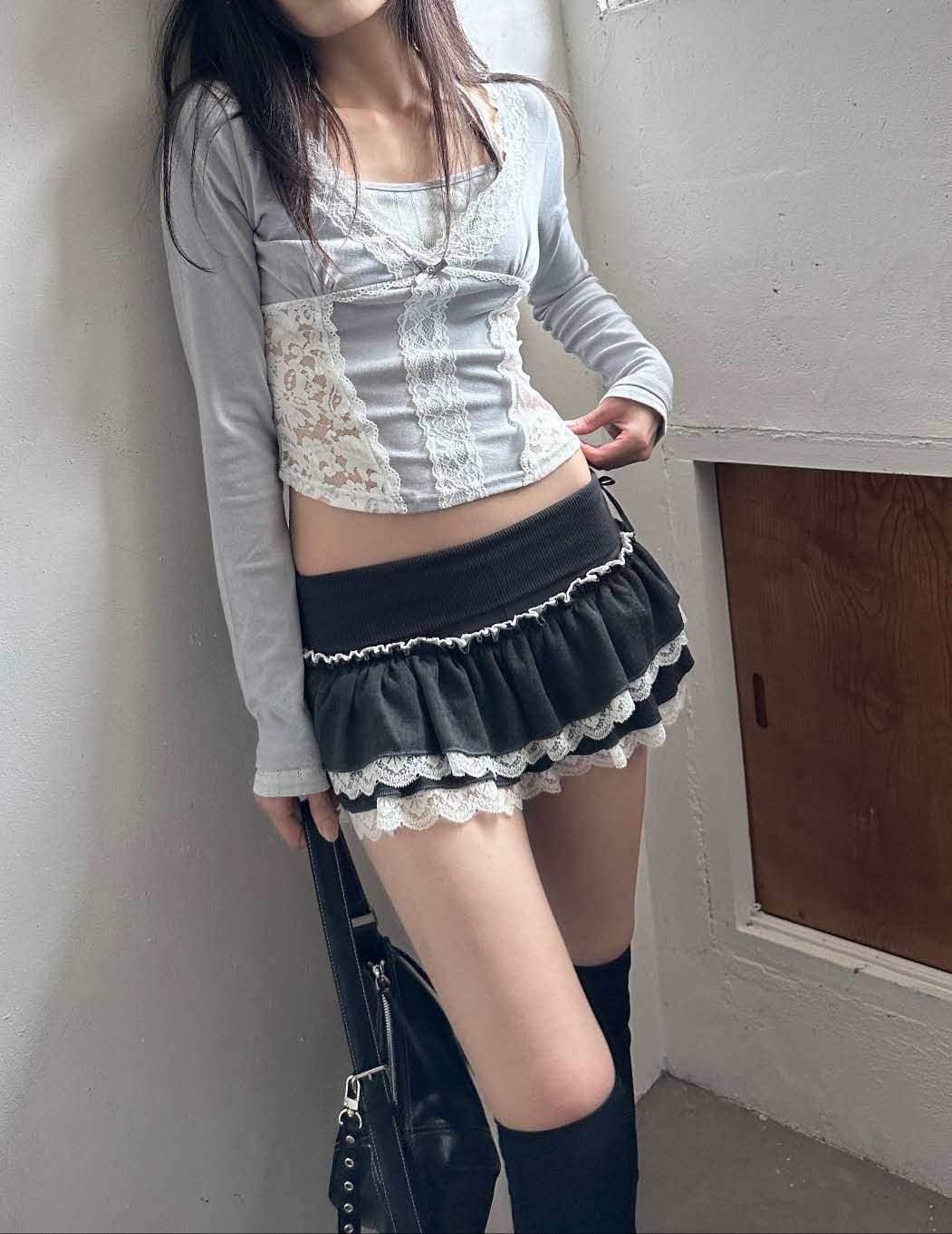 低腰蕾絲蛋糕裙