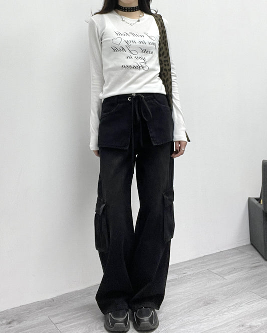 拼接假兩件工裝牛仔褲